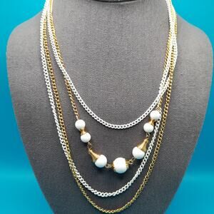 Vintage White Enamel Gold Tone Chain Necklace, Glass Beads, 4 Strands, 18"